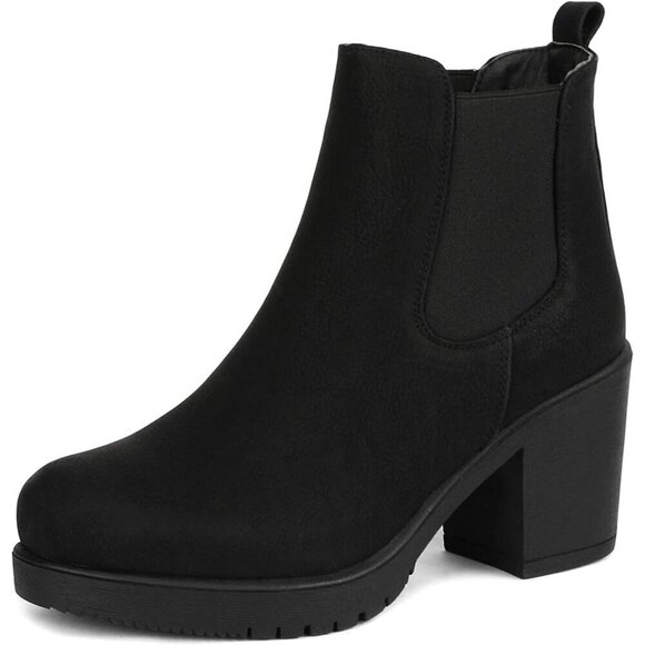DREAM PAIRS Women's High Chunky Heel Black Elastic Fall Heeld Ankle Boots - Picture 1 of 8